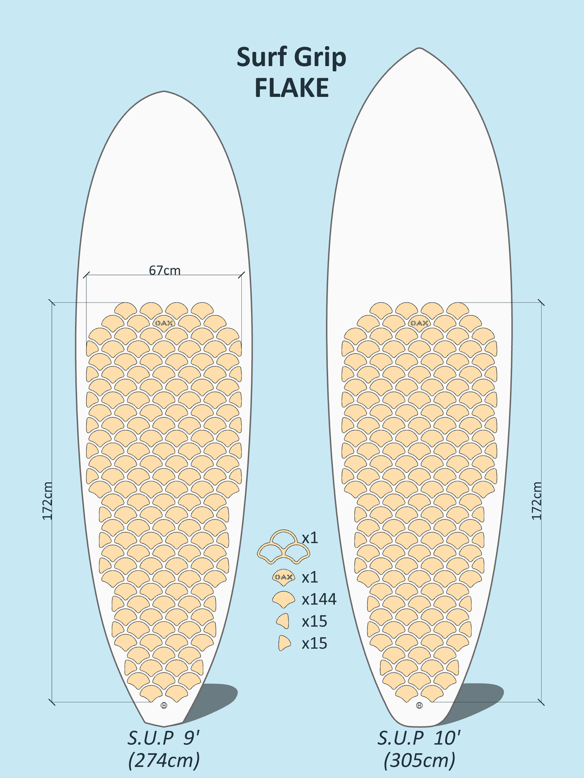 Plan de pose cotée du grip OAX FLAKE pour un stand up paddle 9'10