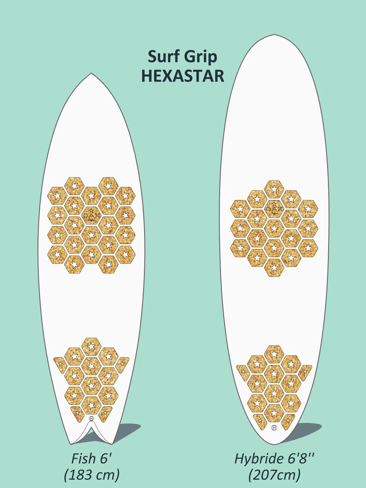Plan de pose cotée du front grip et du tail grip OAX HEXASTAR, version liège, variante 2