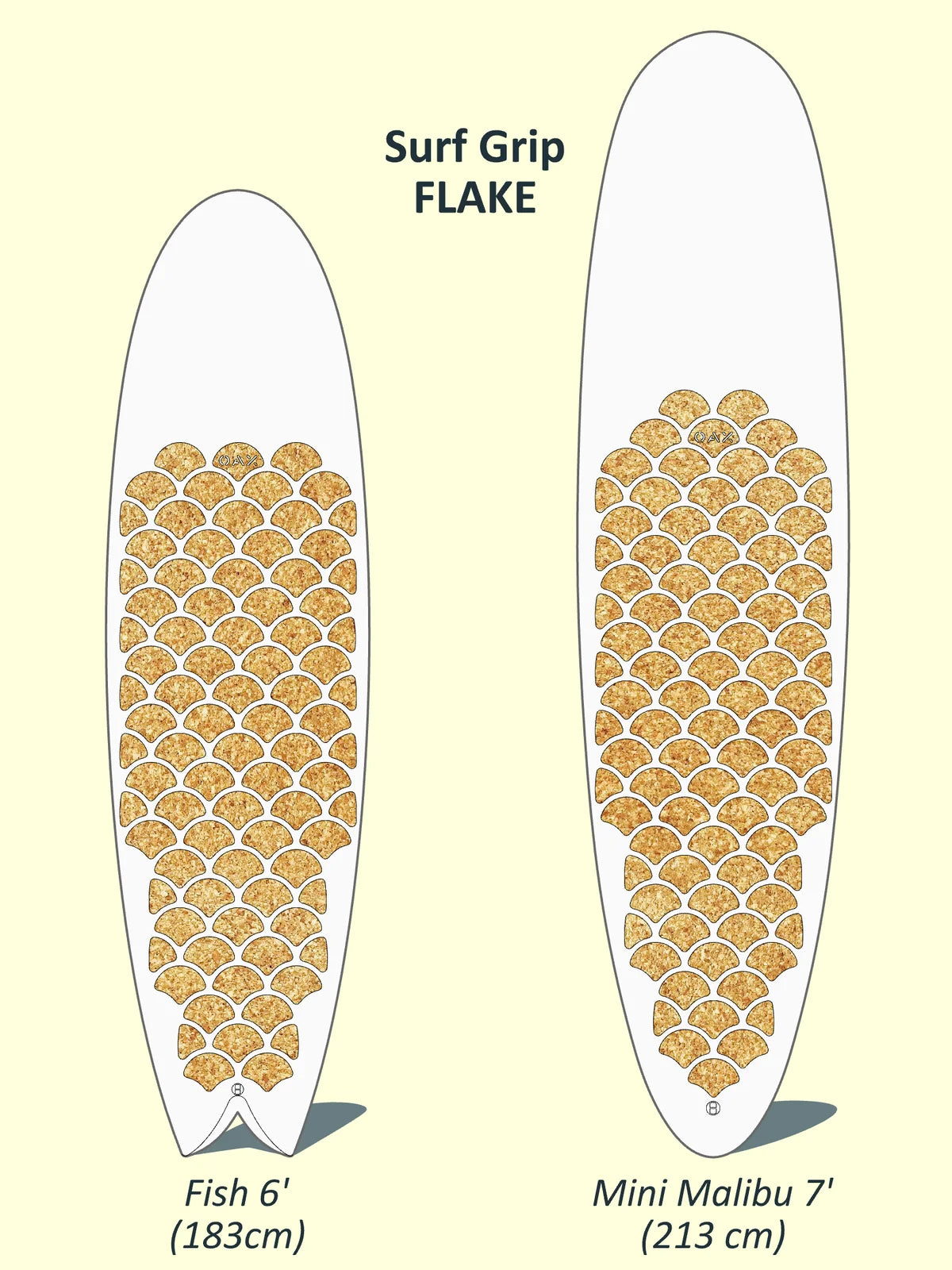 Plan de pose cotée du grip OAX FLAKE pour une planche de surf 6'7, version liège